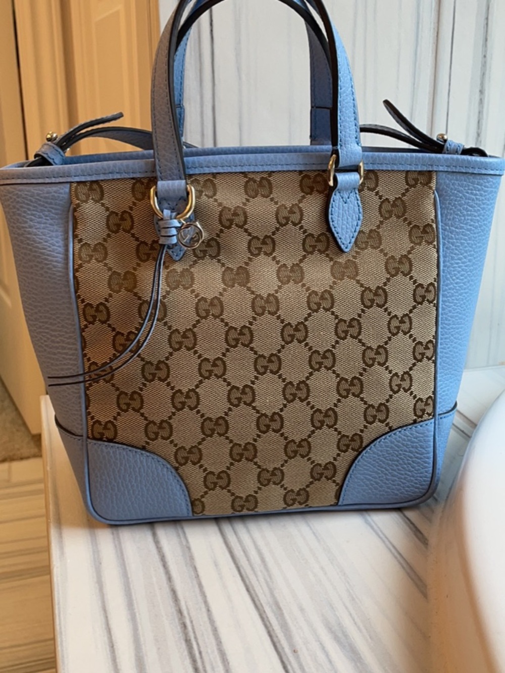 Gucci Bree GG Canvas Tote with Light Blue Leather Trim
